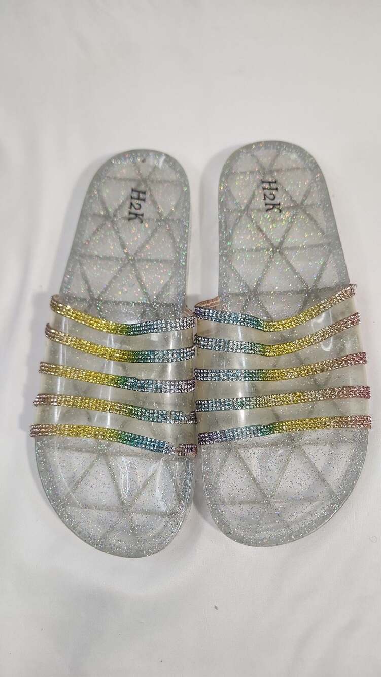 H2K Rainbow Rhinestone Clear Glitter Jelly Slide Sandals Size 7